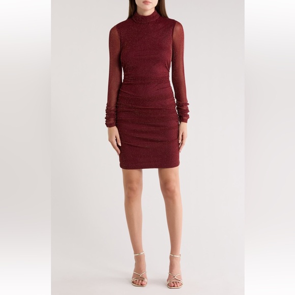 Eliza J Dresses & Skirts - Eliza J Burgundy Mock Neck Ruched Long Sleeve Mesh Body-Con NWT
